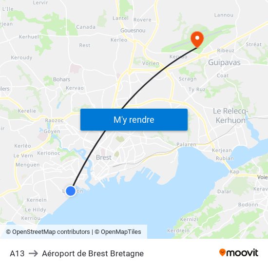 A13 to Aéroport de Brest Bretagne map
