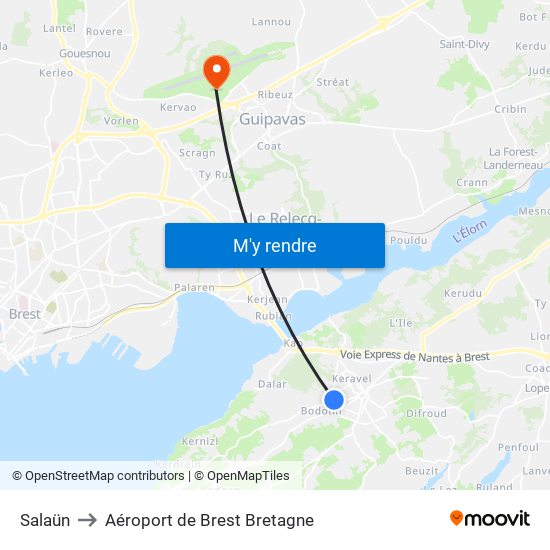 Salaün to Aéroport de Brest Bretagne map