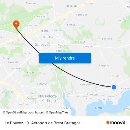 Le Douvez to Aéroport de Brest Bretagne map