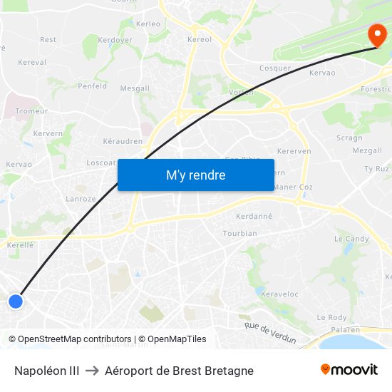 Napoléon III to Aéroport de Brest Bretagne map