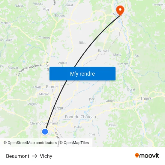Beaumont to Vichy map