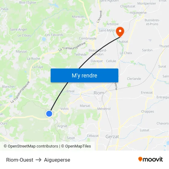 Riom-Ouest to Aigueperse map