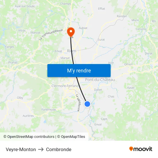 Veyre-Monton to Combronde map