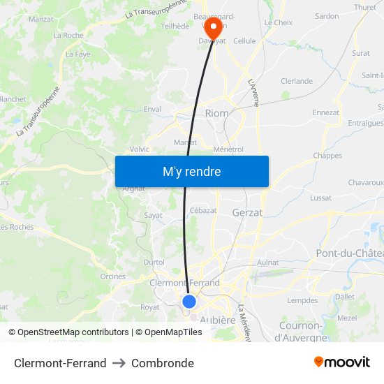 Clermont-Ferrand to Combronde map