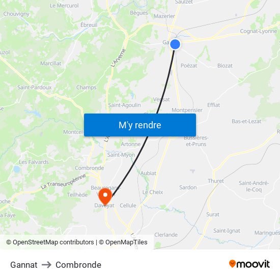 Gannat to Combronde map