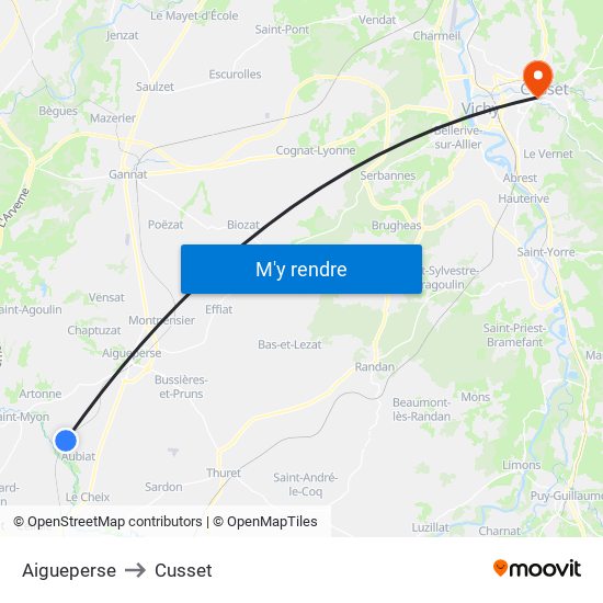 Aigueperse to Cusset map