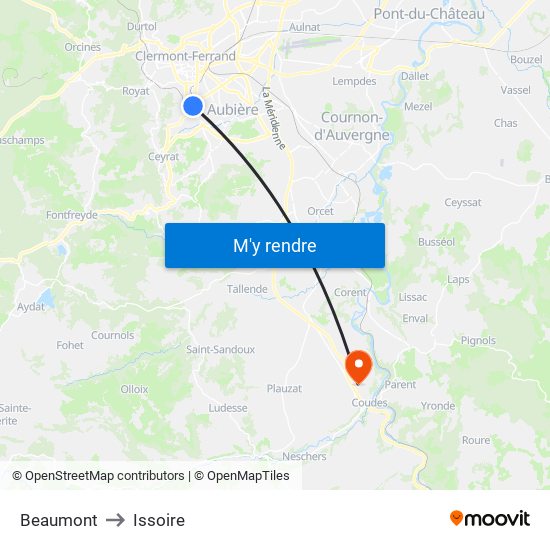 Beaumont to Issoire map