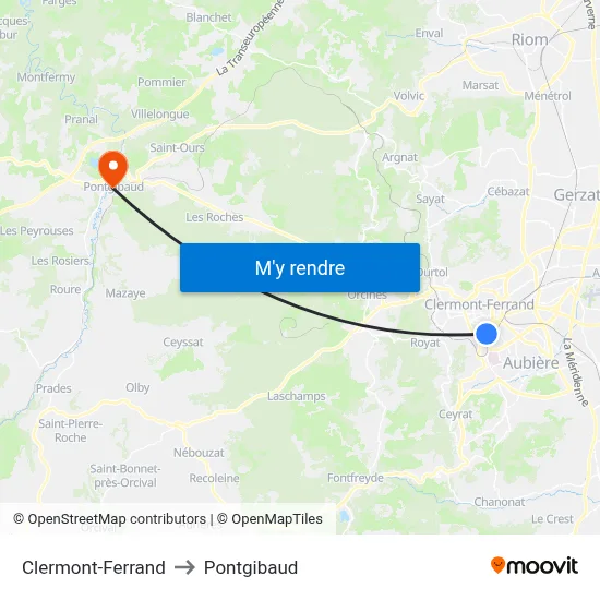 Clermont-Ferrand to Pontgibaud map