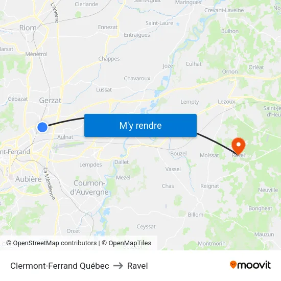 Clermont-Ferrand Québec to Ravel map