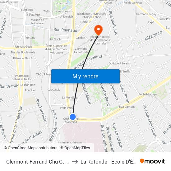 Clermont-Ferrand Chu G. Montpied to La Rotonde - École D'Économie map