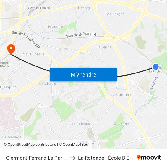 Clermont-Ferrand La Pardieu Gare to La Rotonde - École D'Économie map