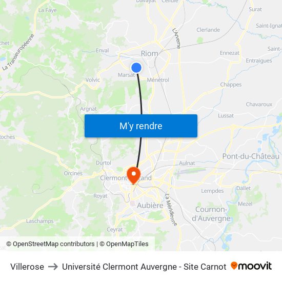 Villerose to Université Clermont Auvergne - Site Carnot map
