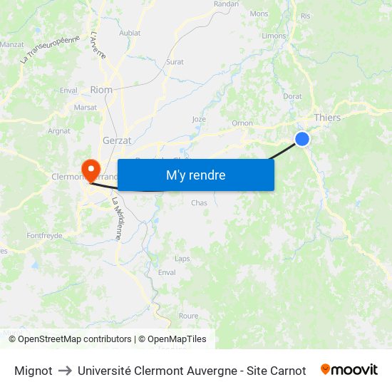 Mignot to Université Clermont Auvergne - Site Carnot map