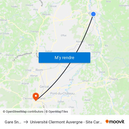 Gare Sncf to Université Clermont Auvergne - Site Carnot map