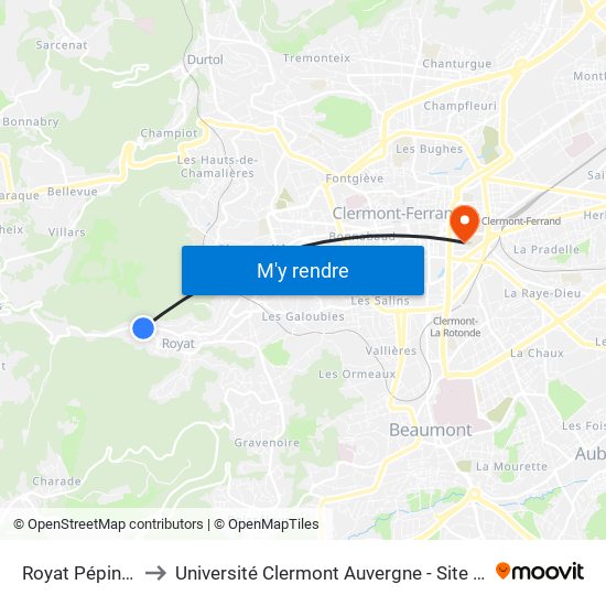 Royat Pépinière to Université Clermont Auvergne - Site Carnot map