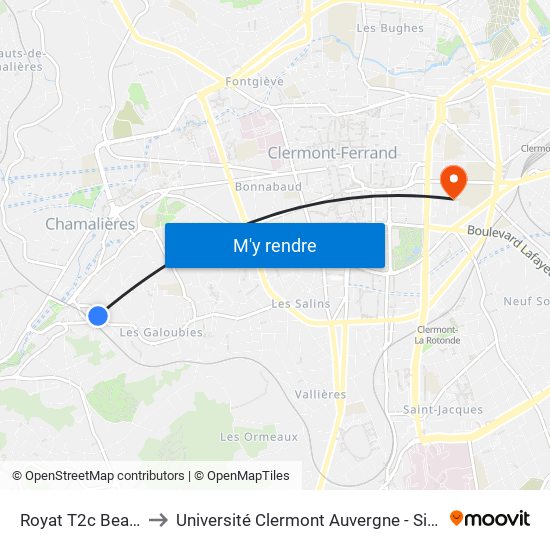 Royat T2c Beausite to Université Clermont Auvergne - Site Carnot map