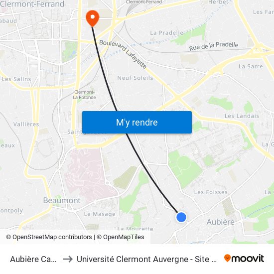 Aubière Casati to Université Clermont Auvergne - Site Carnot map