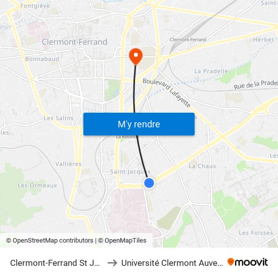 Clermont-Ferrand St Jacques Loucheur to Université Clermont Auvergne - Site Carnot map