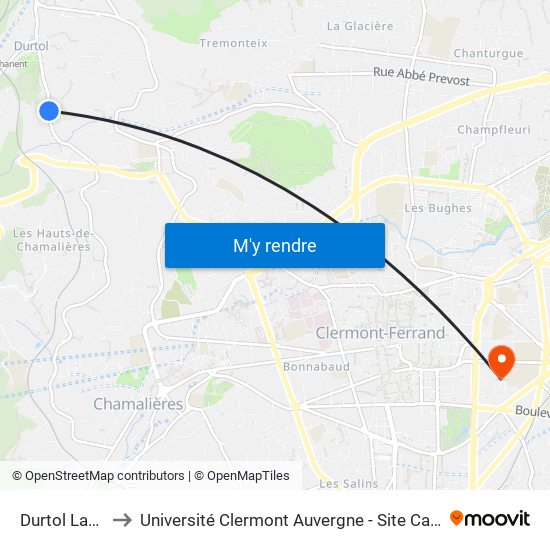 Durtol Layat to Université Clermont Auvergne - Site Carnot map