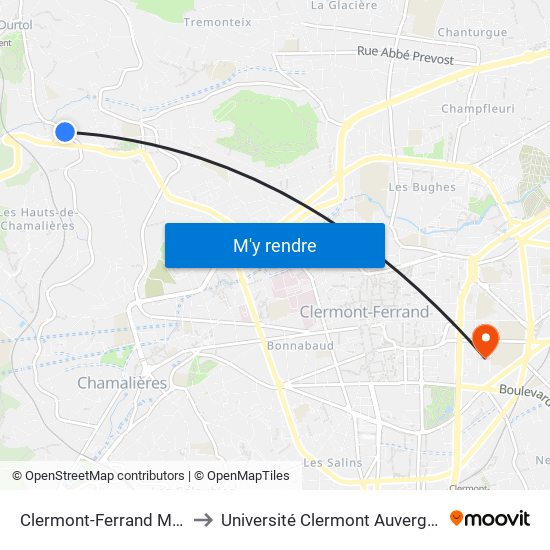 Clermont-Ferrand Montcharvais to Université Clermont Auvergne - Site Carnot map