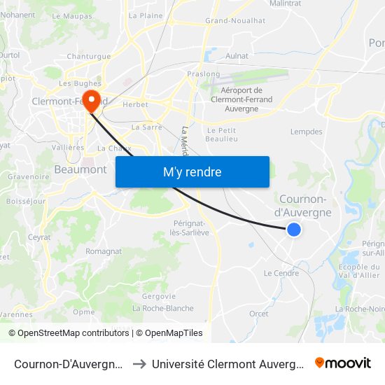 Cournon-D'Auvergne Alouettes to Université Clermont Auvergne - Site Carnot map