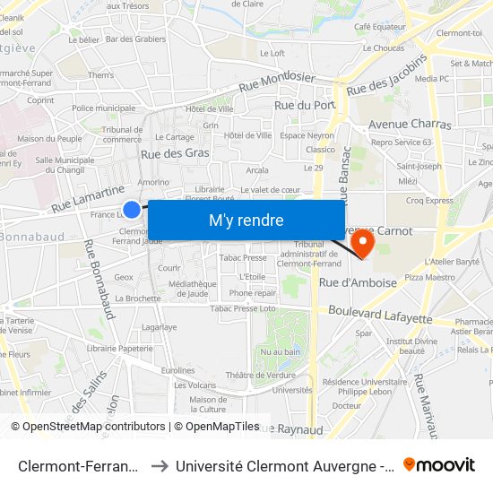 Clermont-Ferrand Jaude to Université Clermont Auvergne - Site Carnot map
