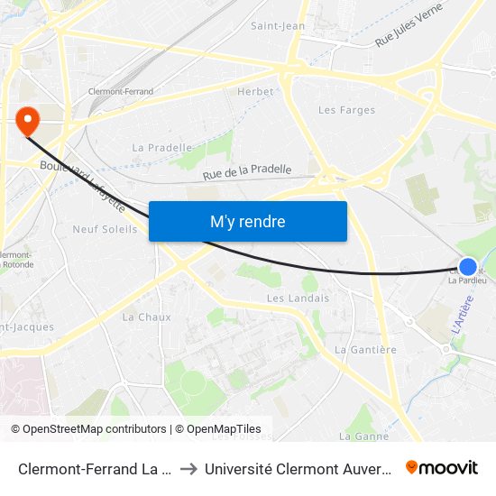 Clermont-Ferrand La Pardieu Gare to Université Clermont Auvergne - Site Carnot map