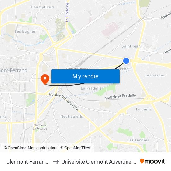 Clermont-Ferrand Herbet to Université Clermont Auvergne - Site Carnot map