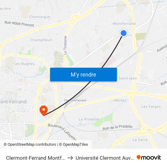 Clermont-Ferrand Montferrand La Fontaine to Université Clermont Auvergne - Site Carnot map