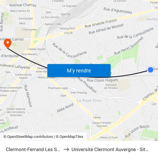 Clermont-Ferrand Les Sureaux to Université Clermont Auvergne - Site Carnot map