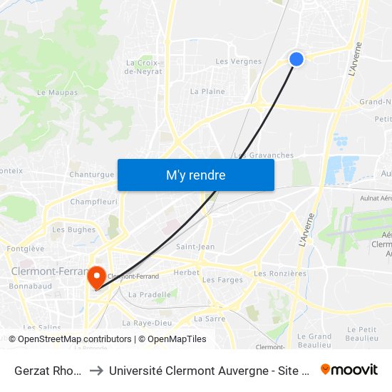 Gerzat Rhonez to Université Clermont Auvergne - Site Carnot map