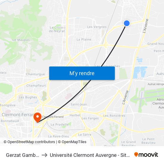 Gerzat Gambetta to Université Clermont Auvergne - Site Carnot map