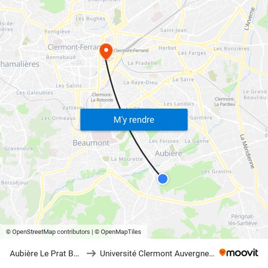 Aubière Le Prat Bâtiment A to Université Clermont Auvergne - Site Carnot map