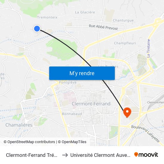 Clermont-Ferrand Trémonteix Eychart to Université Clermont Auvergne - Site Carnot map