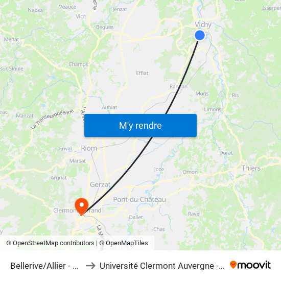 Bellerive/Allier - Acacias to Université Clermont Auvergne - Site Carnot map