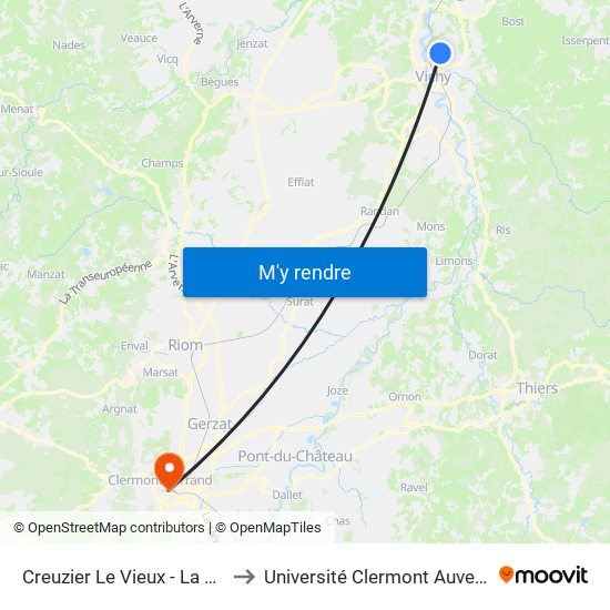 Creuzier Le Vieux - La Chaume Guinard to Université Clermont Auvergne - Site Carnot map