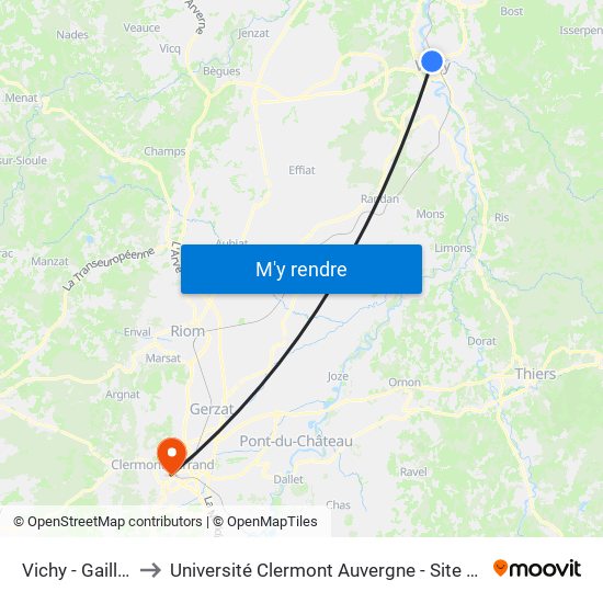 Vichy - Gaillard to Université Clermont Auvergne - Site Carnot map