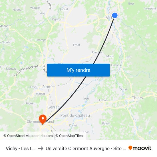 Vichy - Les Lilas to Université Clermont Auvergne - Site Carnot map