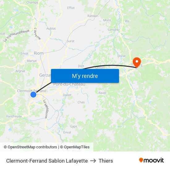 Clermont-Ferrand Sablon Lafayette to Thiers map