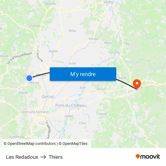 Les Redadoux to Thiers map