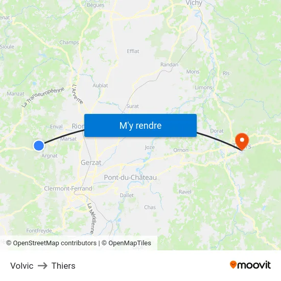 Volvic to Thiers map