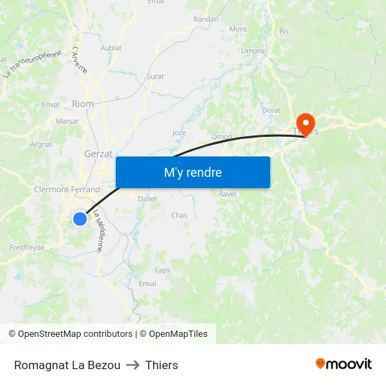 Romagnat La Bezou to Thiers map