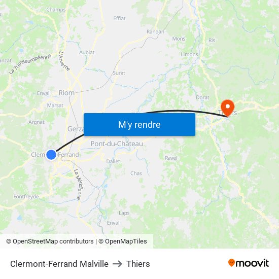 Clermont-Ferrand Malville to Thiers map