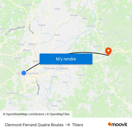 Clermont-Ferrand Quatre Routes to Thiers map