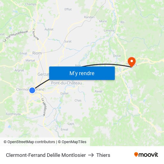 Clermont-Ferrand Delille Montlosier to Thiers map