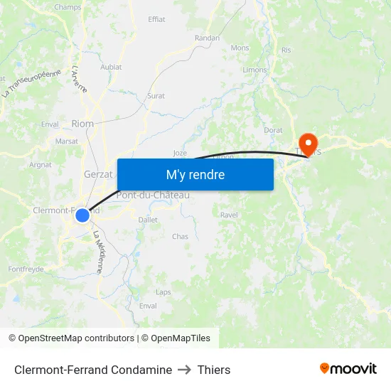 Clermont-Ferrand Condamine to Thiers map