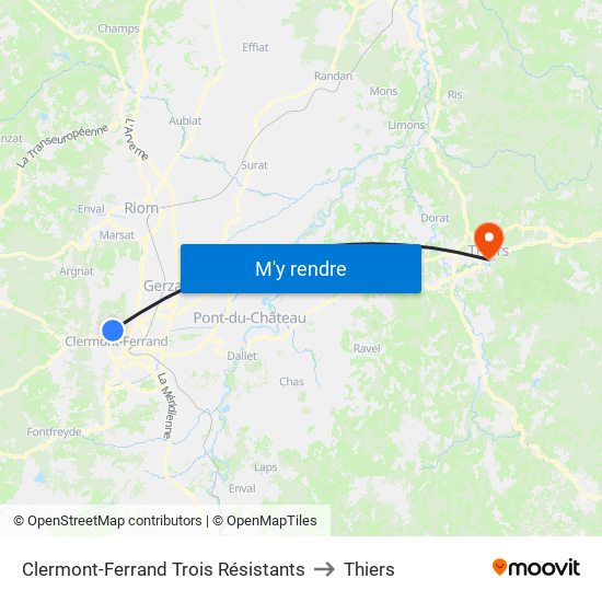 Clermont-Ferrand Trois Résistants to Thiers map