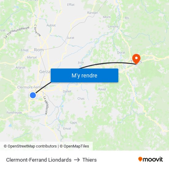 Clermont-Ferrand Liondards to Thiers map