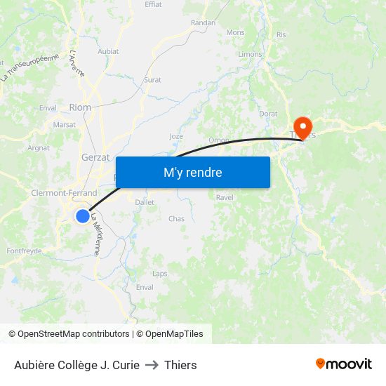 Aubière Collège J. Curie to Thiers map