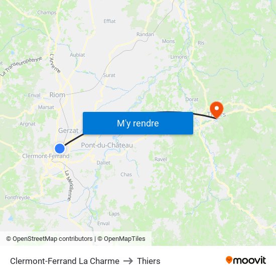 Clermont-Ferrand La Charme to Thiers map
